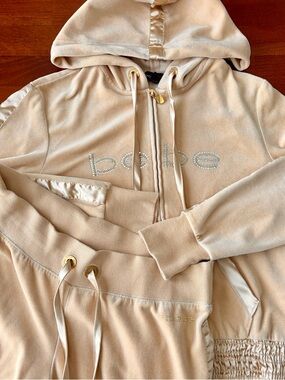 Bebe Tan Y2K Velour Rhinestone Tracksuit Pant & Zip Hoodie Set Satin Trim